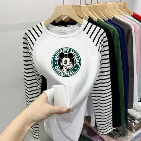 条纹t恤女长袖圆领修身显瘦气质感打底衫春秋冬季磨毛外穿上衣图片