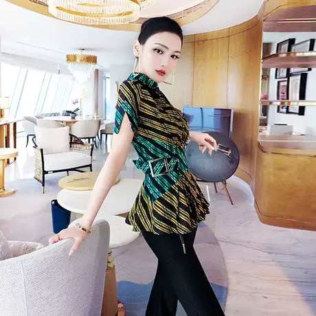 VJE夏季条纹拼接翻领衬衫女时尚设计感小众造型腰封短袖上衣商品大图