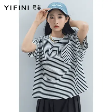 Yifini/易菲宽松经典条纹针织T恤女23夏季新款短袖圆领纯棉上衣商品大图