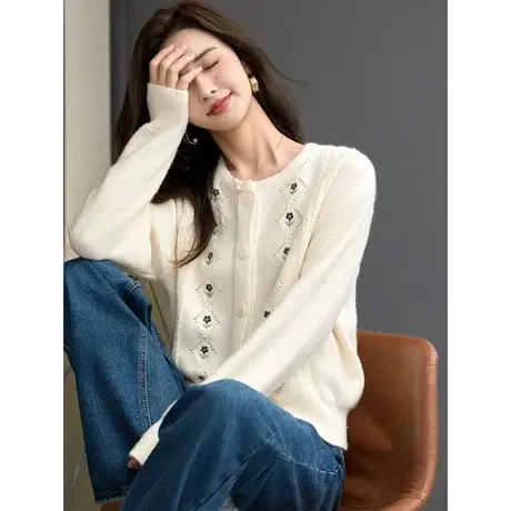 时尚气质刺绣毛衣开衫女士2023年秋季新款百搭休闲通勤上班族上衣图片