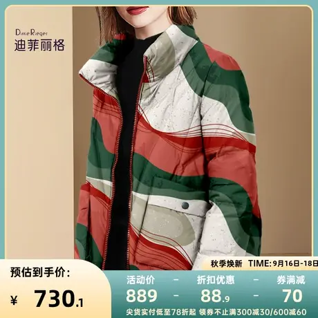 时尚立领轻薄羽绒服女短款2023年冬季新款小众波浪纹印花保暖外套图片