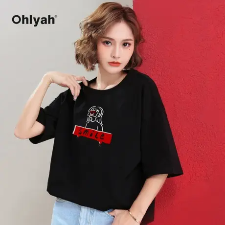 Ohlyah黑色t恤女宽松ins潮牌卡线条女孩涂鸦印花短袖2023夏季新款商品大图