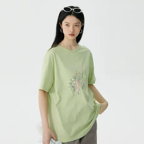 omont蛋挞家花卉印花圆领T恤女夏季2023新款复古宽松显瘦短袖上衣图片