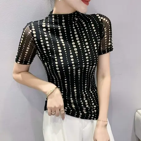性感网纱上衣女短袖2023新款漂亮半高领T恤设计感洋气紧身打底衫图片