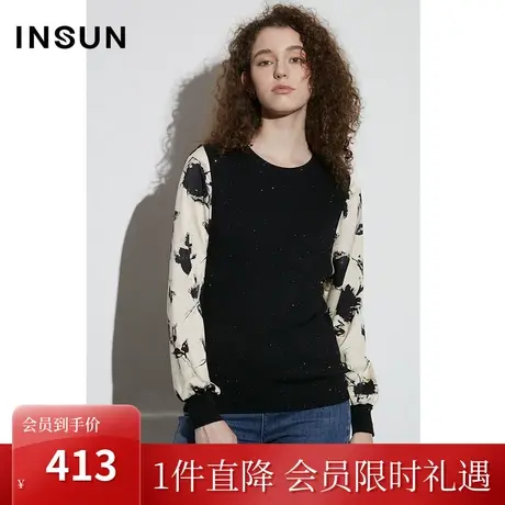 恩裳COVER2023年春款新款珠片纱针织拼接缎面印花灯笼袖优雅上衣商品大图