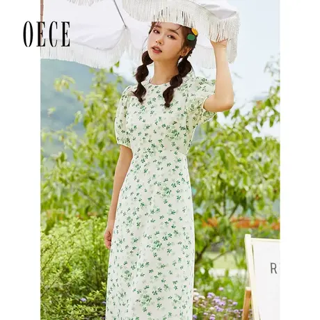 Oece森系绿色碎花裙子夏季新款女装气质淑女收腰甜美连衣裙图片