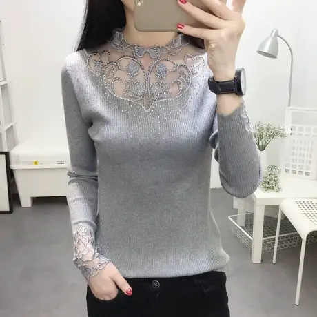 蕾丝打底衫2022秋冬新款针织衫圆领长袖修身百搭性感毛衣女上衣潮商品大图