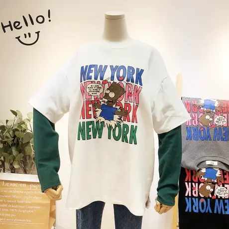 2020早春新款韩国东大门cec潮卡通宽松BF磨毛加厚假两件T恤大码商品大图