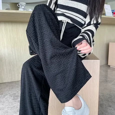 黑色提花阔腿裤女2023年春秋新款高腰垂感直筒宽松显瘦休闲拖地裤商品大图
