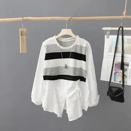2023秋装新款设计感小众条纹拼接长袖衬衫女套头上衣洋气时尚衬衣图片