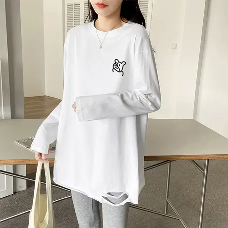 白色长袖t恤女慵懒风纯棉宽松内搭2022年春季中长款打底衫上衣潮商品大图