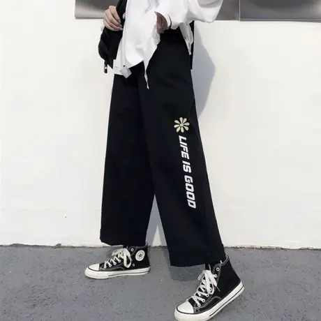 网红裤子女春秋宽松阔腿高腰直筒显瘦百搭ins超火休闲九分运动裤图片