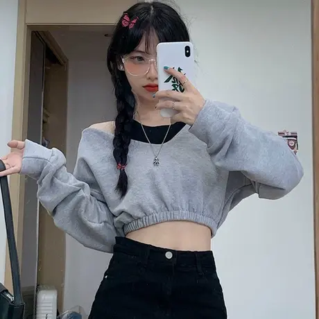 网红卫衣女春秋薄款宽松韩版bf慵懒风ins超火短款露脐上衣外套潮商品大图