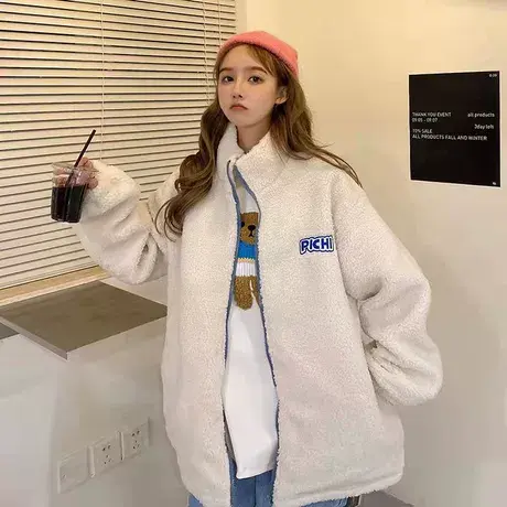 立领羊羔毛茸茸外套女2023新款拼色加绒加厚开衫卫衣女棒球服秋冬图片