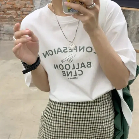 红续字母纯棉短袖T恤女2020夏季韩版宽松学院慵懒风百搭上衣ins潮图片