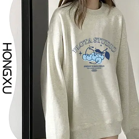 红续灰色圆领青春文艺风印花套头上衣oversize显瘦百搭加厚卫衣图片