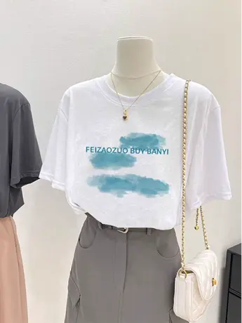 仿棉短袖t恤女2023新款夏季美式复古韩系chic潮牌大码女装上衣服图片