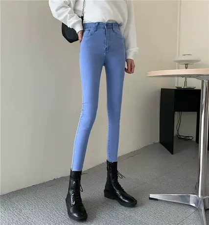 加绒加厚浅色修身小脚铅笔裤显瘦弹力薄款牛仔裤女式长裤子韩版潮商品大图