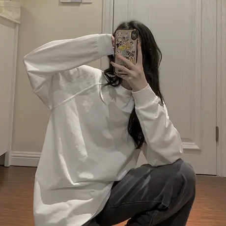 卫衣长袖t恤女秋冬季加绒叠穿中长款加厚内搭打底衫白色上衣ins潮图片