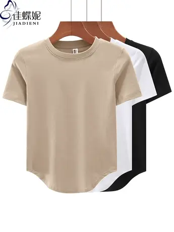 夏季新款韩版圆领修身纯棉纯色下摆圆弧短袖体恤上衣内搭女打底衫商品大图