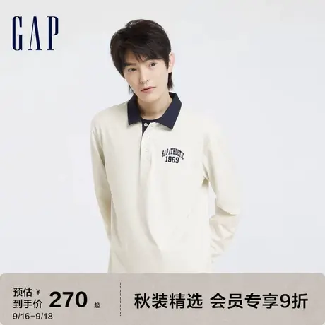 Gap男装秋季2023新款LOGO水洗棉宽松衬衫领长袖T恤773162休闲上衣图片