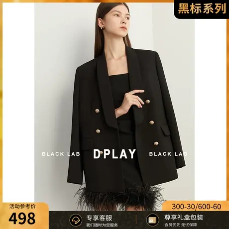 DPLAY2023秋轻奢通勤OL风经典黑青果领宽肩廓形重工气质西装外套图片