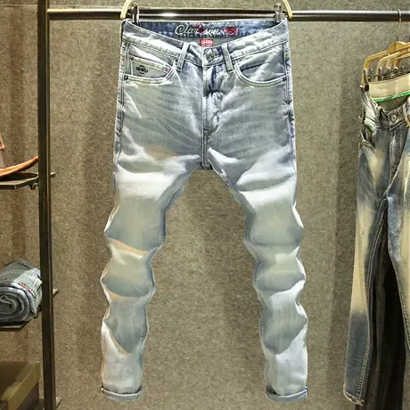 红边刺耳浅蓝色牛仔裤男款修身小直筒裤高端水洗刺绣口袋时尚长裤商品大图