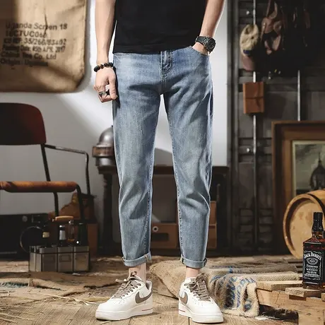 高端浅蓝牛仔裤男修身直筒显瘦休闲痞帅潮牌九分裤夏季薄款裤子潮商品大图