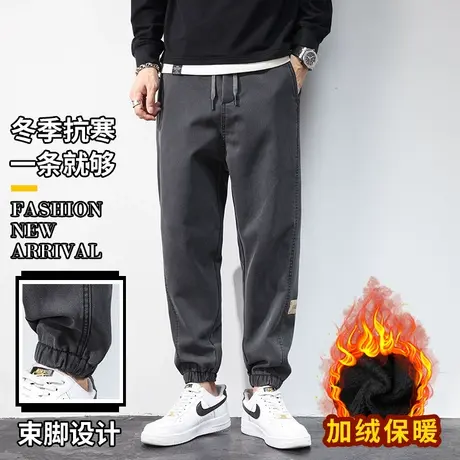 束脚休闲裤男宽松直筒长裤冬季新款加绒保暖抽绳松紧腰加厚男裤潮商品大图