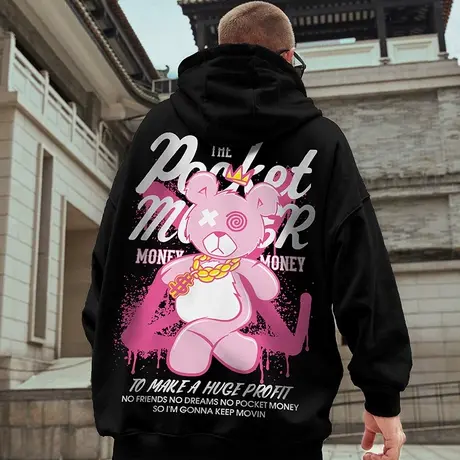 粉色卫衣潮牌加绒宽松小熊套头情侣装胖子男装大码秋冬季连帽衫潮商品大图