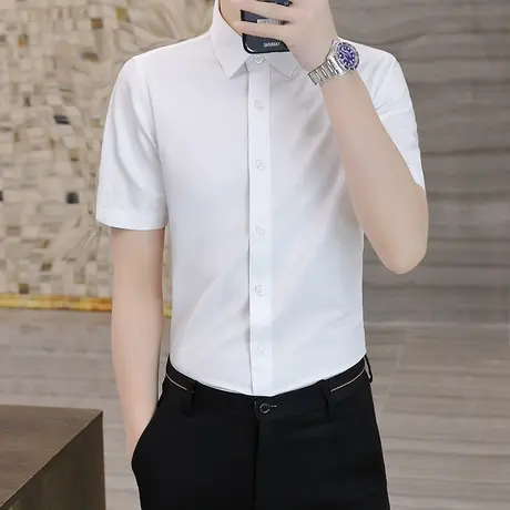 高级感夏季竹纤维免烫短袖白衬衫男士商务衬衣职业正装冰丝寸衫薄商品大图