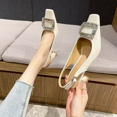 2023年夏季新款中空百搭时尚方头凉鞋女高跟鞋法式水钻气质名媛风商品大图