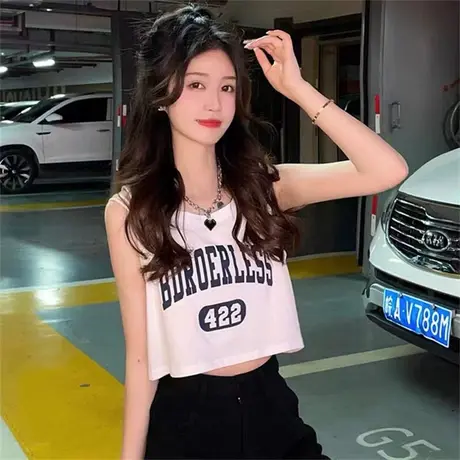 美式复古印花T恤女夏季圆领宽松甜酷无袖背心ins小众设计感上衣潮商品大图