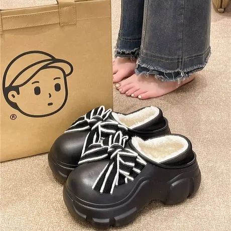 蝴蝶结棉拖鞋女冬季可外穿包跟厚底增高防滑加绒保暖防水包跟棉鞋商品大图