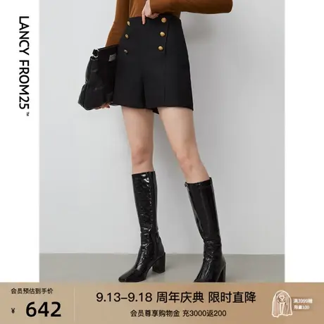 朗姿羊毛高腰直筒裤显瘦短裤黑色休闲裤2023年秋季新款通勤裤子女商品大图