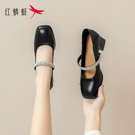 红蜻蜓女鞋粗跟高跟鞋女2023年新款皮鞋职业不累脚工作鞋黑色单鞋商品大图