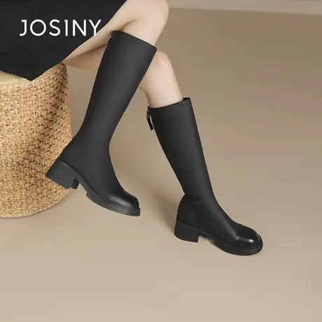Josiny/卓诗尼长筒靴女2024新款高跟黑色高个子不过膝英伦风靴子商品大图