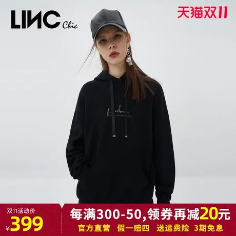 LINC金羽杰卫衣2023秋季新款简约质感LOGO刺绣中长款宽松连帽卫衣商品大图