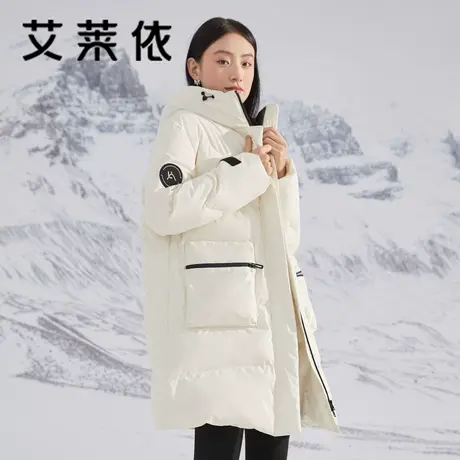 艾莱依新款羽绒服女2022年秋冬季时尚中长款设计感鸭绒连帽外套潮图片