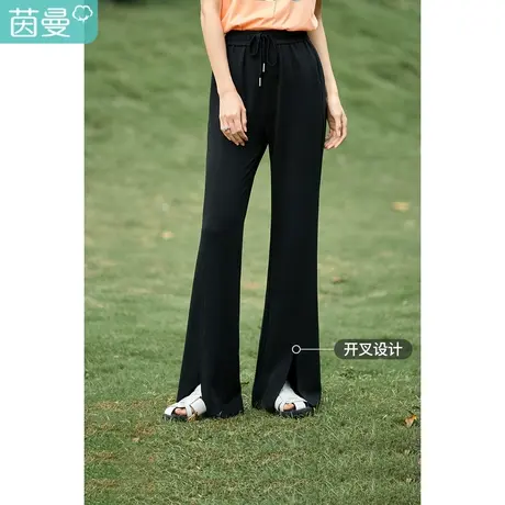 茵曼微喇叭裤子女士2023春季新款小心机开衩松紧抽绳高腰修身长裤图片