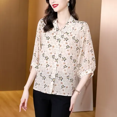 2023夏天新款灯笼袖宽松减龄薄款雪纺衬衫女别致洋气印花女士上衣商品大图