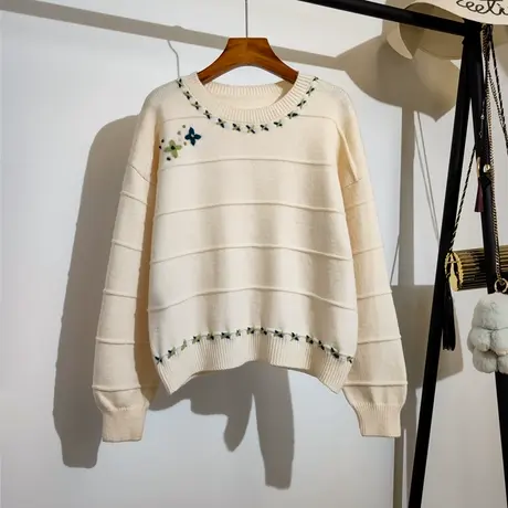 法式甜美针织衫女外穿2023早秋新款宽松圆领绣花毛衣套头打底上衣商品大图