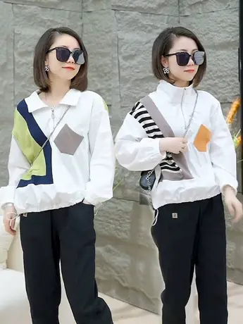 立领半拉链拼色衬衫女2023春季新款宽松休闲遮肚子针织拼接上衣潮商品大图