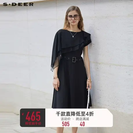 sdeer圣迪奥女装圆领网纱荷叶边收腰连衣裙S232Z12S6图片