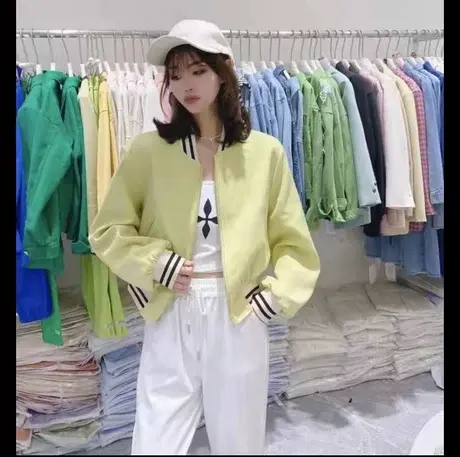 欧洲站棒球服外套女短款2023年新款春秋宽松休闲条纹拉链夹克上衣商品大图