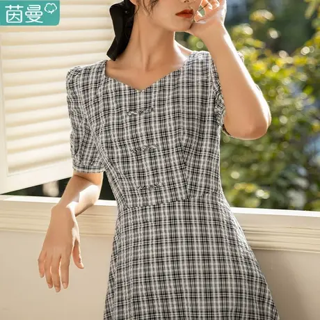 茵曼旗舰店格子连衣裙女短袖2023年夏季新款方领显瘦a字中裙子图片