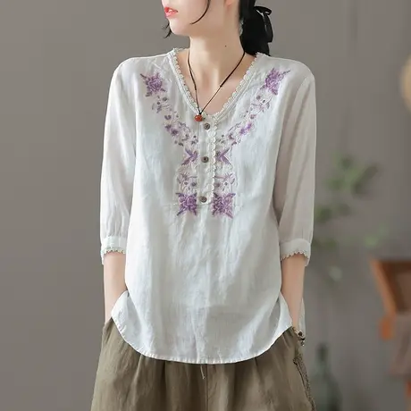 dza复古宽松V领刺绣棉麻短袖女士衬衫夏薄款气质漂亮白色亚麻上衣图片