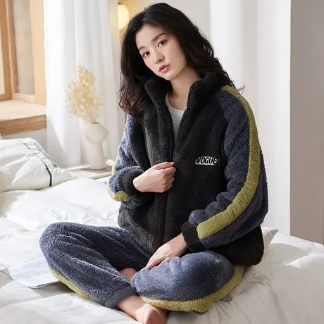 猫人睡衣女士秋冬季2023新款法兰绒长袖加绒加厚家居服套装可外穿图片