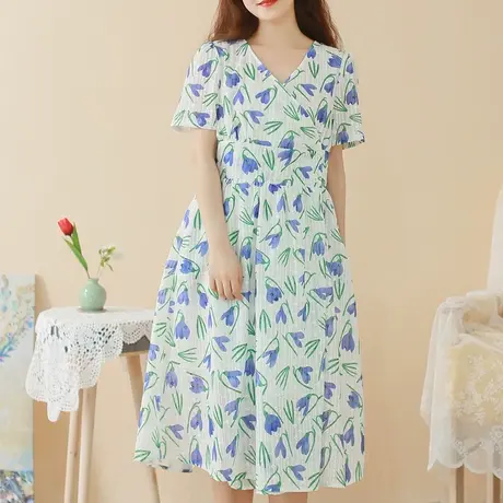 胖妹妹夏季2023新品法式V领优雅连衣裙 加大码微胖修身短袖长裙商品大图