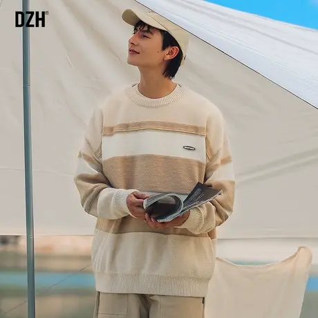 男士美式复古条纹毛衣男圆领秋冬潮牌长袖上衣男款宽松套头针织衫商品大图